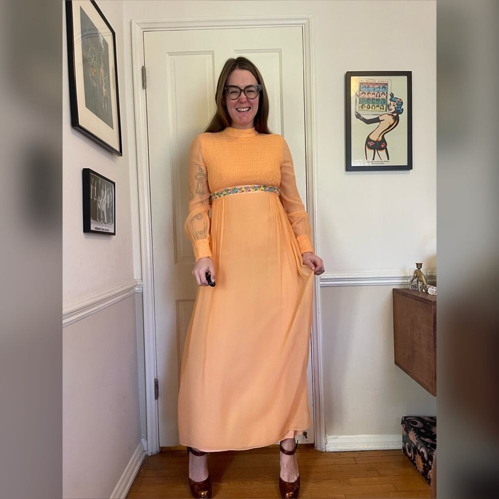 70s Vintage Shirred Bust Long Sleeve Peach Prom Dress - Picture 2 of 8
